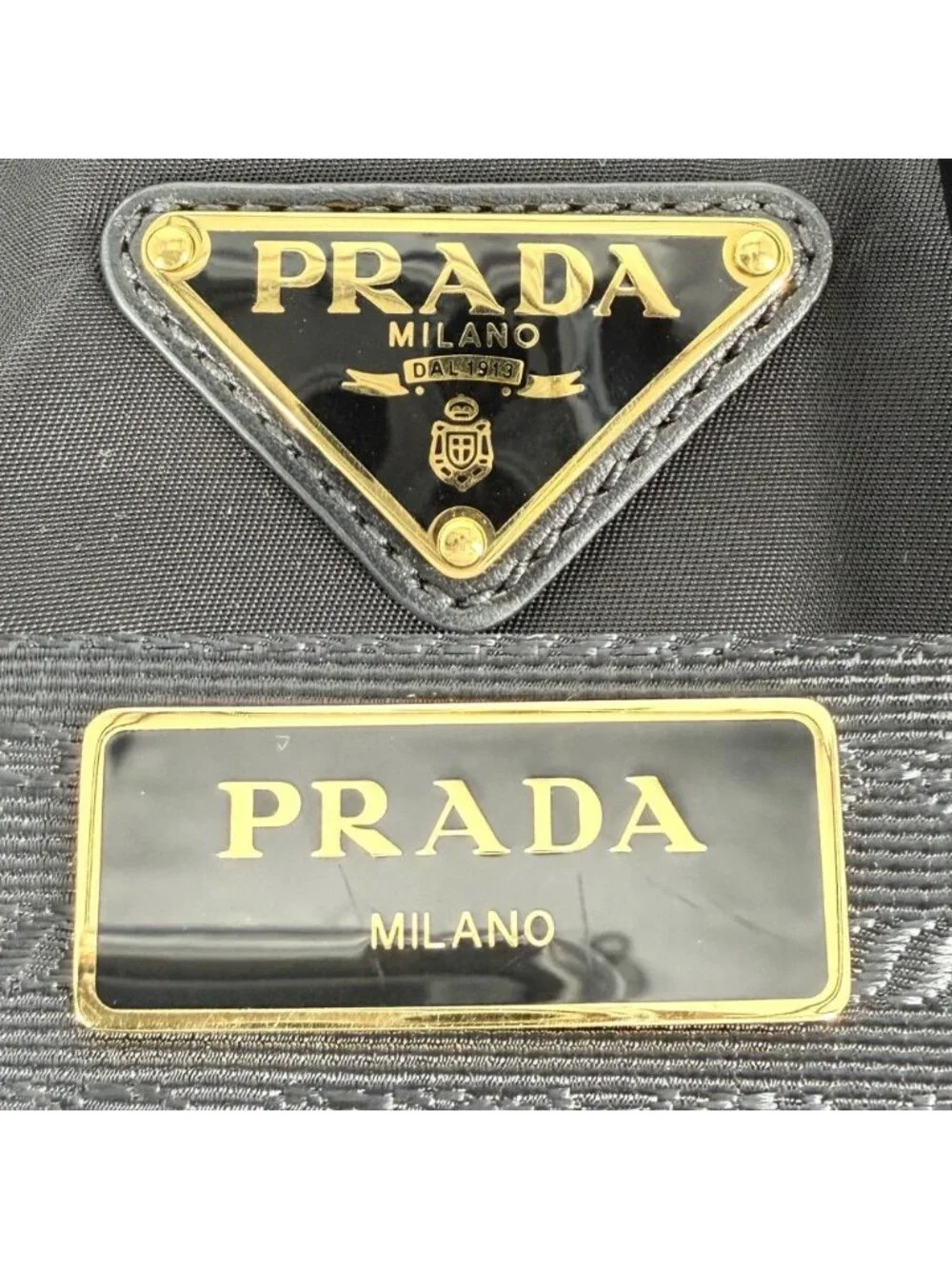 Prada Handbag Triangle Logo Tote Nylon Black Gold Vintage